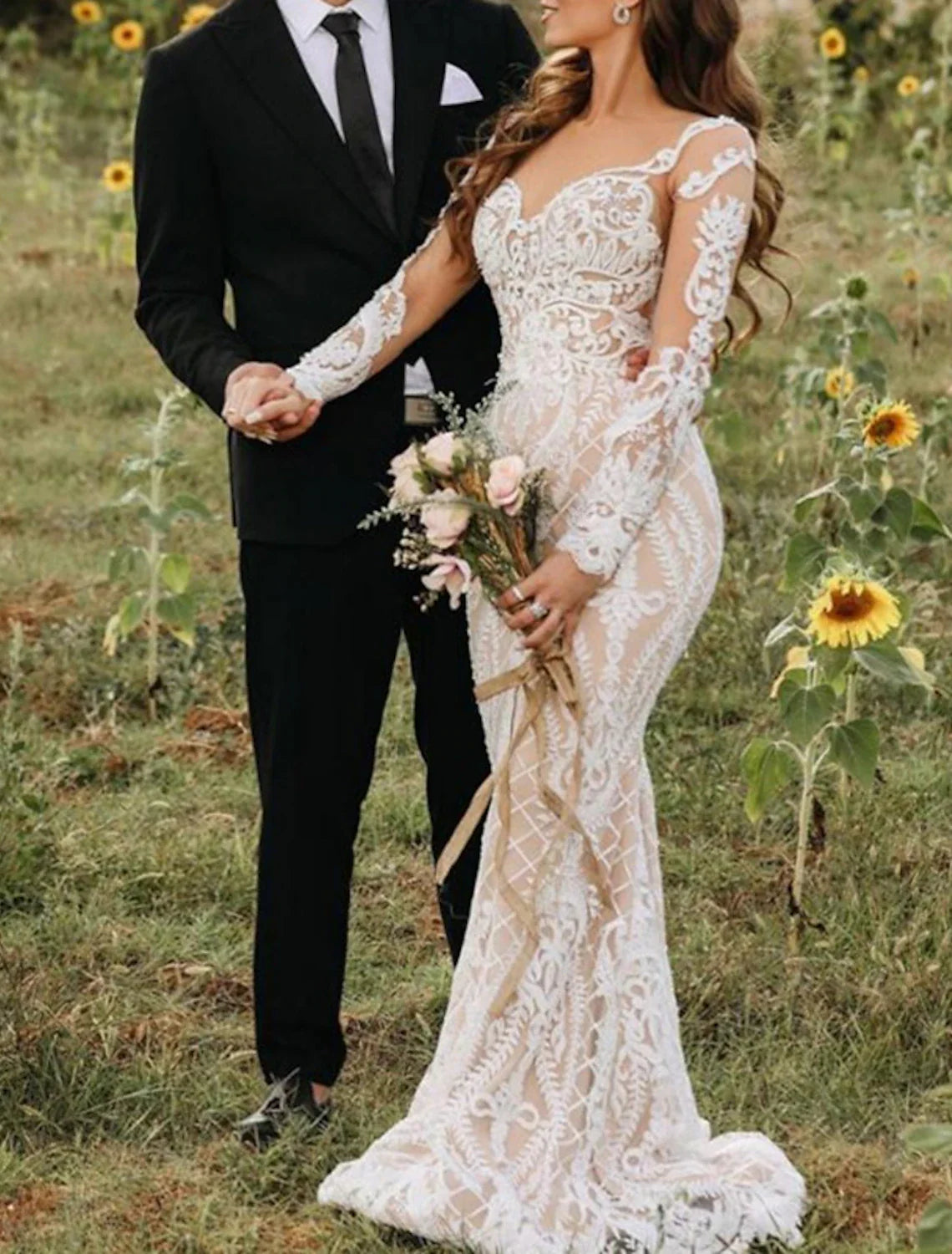 Wholesale Engagement Formal Boho Wedding Dresses Mermaid / Trumpet Illusion Neck Long Sleeve Sweep / Brush Train Lace Bridal Gowns With Appliques
