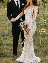 Wholesale Engagement Formal Boho Wedding Dresses Mermaid / Trumpet Illusion Neck Long Sleeve Sweep / Brush Train Lace Bridal Gowns With Appliques