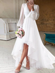Wholesale Bridal Shower Wedding Dresses Little White Dresses Simple A-Line V Neck Long Sleeve Asymmetrical Chiffon Bridal Gowns With Solid Color Summer Wedding Party