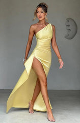 One-Shoulder Luxury lightweight satin Thigh high split Formal Prom Dress
