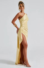 One-Shoulder Luxury lightweight satin Thigh high split Formal Prom Dress