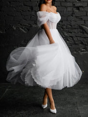 Aimishang Bridal Shower Simple Wedding Dresses Wedding Dresses A-Line Scoop Neck Sleeveless Tea Length Satin Bridal Gowns With Solid Color