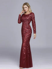 Mermaid / Trumpet Empire Elegant Party Wear Formal Evening Valentine's Day Dress Jewel Neck Long Sleeve Floor Length Tulle with Embroidery 2024 / Illusion Sleeve