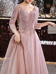 A-Line Prom Dresses Elegant Dress Wedding Guest Prom Floor Length 3/4 Length Sleeve V Neck Lace with Appliques