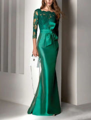 Aimishang Mermaid Beautiful Back Elegant Red Green Dress Formal Evening Dress Scalloped Neckline V Back 3/4 Length Sleeve Floor Length Lace with Sash / Ribbon Embroidery