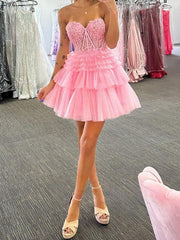 A-line skirt princess sheer inlaid with sweet sleeveless short tight fitting corset Homecoming Dress