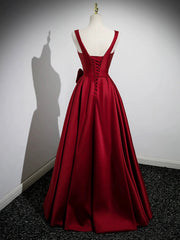 Burgundy Satin Long Prom Dress with Flowers, Elegant A-Line Party Dress