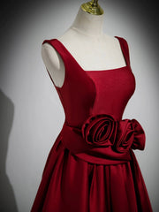 Burgundy Satin Long Prom Dress with Flowers, Elegant A-Line Party Dress