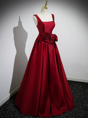 Burgundy Satin Long Prom Dress with Flowers, Elegant A-Line Party Dress