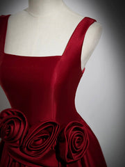 Burgundy Satin Long Prom Dress with Flowers, Elegant A-Line Party Dress