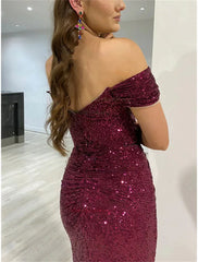 Mermaid / Trumpet Prom Dresses Sparkle Dress Formal Evening Party Sweep / Brush Train Sleeveless Cowl Neck Sequined with Ruched Sequin Slit