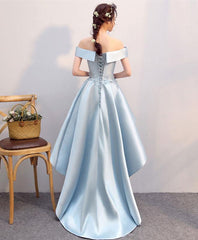 Blue lace satin high low prom dress, blue homecoming dress