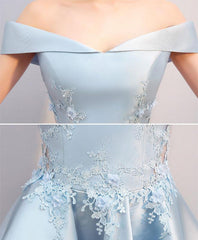 Blue lace satin high low prom dress, blue homecoming dress