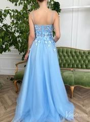 Light Blue 3D Flower Prom Dresses with Pockets Spaghetti Strap Formal Dress with Slit TO026