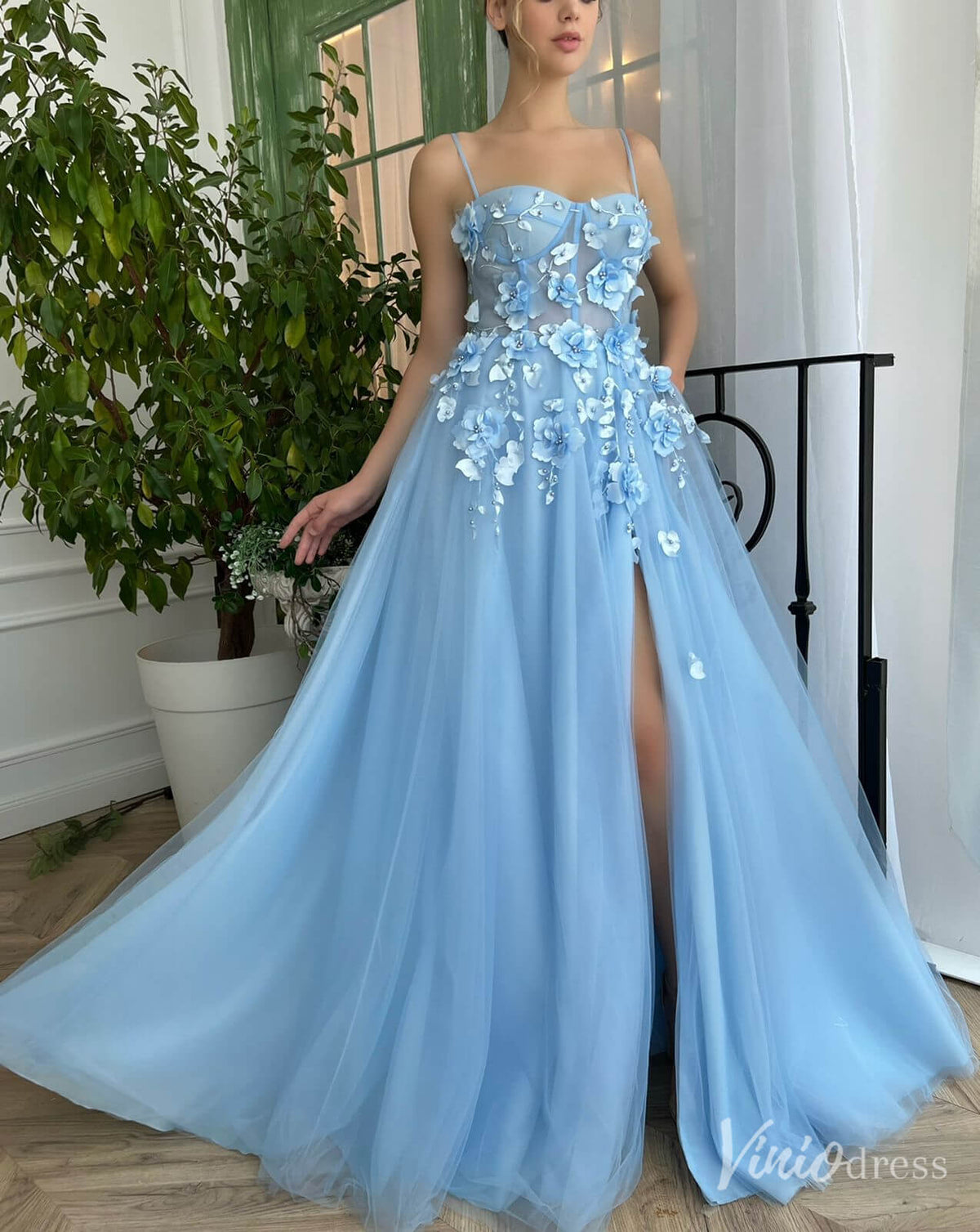Light Blue 3D Flower Prom Dresses with Pockets Spaghetti Strap Formal Dress with Slit TO026