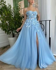 Light Blue 3D Flower Prom Dresses with Pockets Spaghetti Strap Formal Dress with Slit TO026