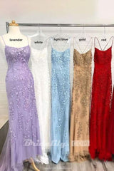 Light Blue Appliques Spaghetti Straps Lace-Up Mermaid Prom Dress