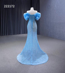 Light Blue Beaded Mermaid Evening Dresses Off the Shoulder Prom Dress 222172