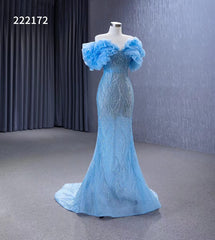 Light Blue Beaded Mermaid Evening Dresses Off the Shoulder Prom Dress 222172