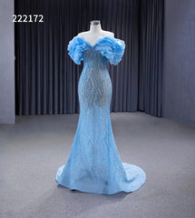 Light Blue Beaded Mermaid Evening Dresses Off the Shoulder Prom Dress 222172