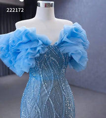 Light Blue Beaded Mermaid Evening Dresses Off the Shoulder Prom Dress 222172