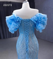 Light Blue Beaded Mermaid Evening Dresses Off the Shoulder Prom Dress 222172