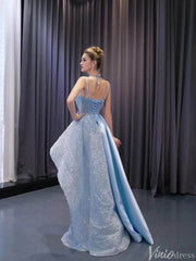 Light Blue Beaded Prom Dresses Asymmetric Skirt Evening Gown 222216