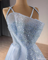 Light Blue Beaded Prom Dresses Asymmetric Skirt Evening Gown 222216