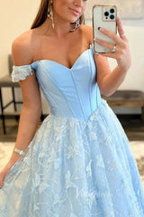 Light Blue Butterfly Prom Dresses Off the Shoulder Beaded Formal Dress FD3513