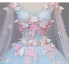 Lovely Blue V-neckline Tull Ball Gown Formal Dress, Blue Party Dress with Pink Lace
