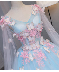 Lovely Blue V-neckline Tull Ball Gown Formal Dress, Blue Party Dress with Pink Lace
