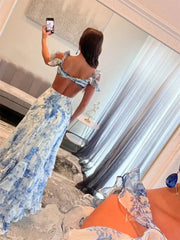 Light Blue Floral Print Tiered Prom Dresses with Slit, V-Neck & Crossed Bodice - FD5314