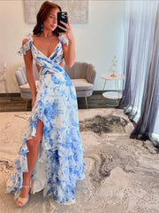 Light Blue Floral Print Tiered Prom Dresses with Slit, V-Neck & Crossed Bodice - FD5314