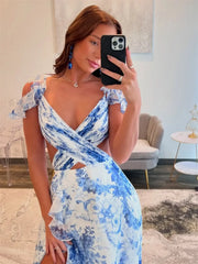 Light Blue Floral Print Tiered Prom Dresses with Slit, V-Neck & Crossed Bodice - FD5314
