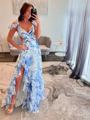 Light Blue Floral Print Tiered Prom Dresses with Slit, V-Neck & Crossed Bodice - FD5314