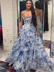 Light Blue Floral Tulle Tiered Prom Dresses with Slit & Lace Sweetheart Neckline - FD5313