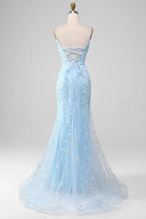Light Blue Mermaid Prom Dress 2025 with Floral Lace & Spaghetti Straps – FD1594