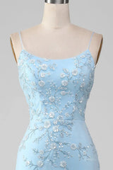Light Blue Mermaid Prom Dress 2025 with Floral Lace & Spaghetti Straps – FD1594