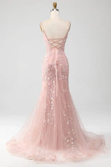 Light Blue Mermaid Prom Dress 2025 with Floral Lace & Spaghetti Straps – FD1594