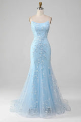Light Blue Mermaid Prom Dress 2025 with Floral Lace & Spaghetti Straps – FD1594