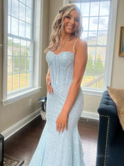 Light Blue Mermaid Prom Dresses 2025 with Spaghetti Strap & Boned Bodice – FD5083