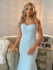 Light Blue Mermaid Prom Dresses 2025 with Spaghetti Strap & Boned Bodice – FD5083