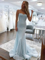 Light Blue Mermaid Prom Dresses 2025 with Spaghetti Strap & Boned Bodice – FD5083