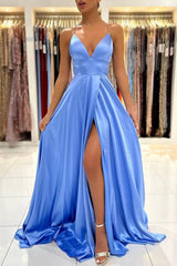 Light Blue Prom Dress Spaghetti Straps with Front Split