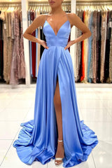 Light Blue Prom Dress Spaghetti Straps with Front Split