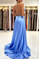 Light Blue Prom Dress Spaghetti Straps with Front Split