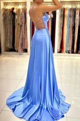 Light Blue Prom Dress Spaghetti Straps with Front Split