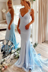Light Blue Prom Dresses Spaghetti Strap Floral Evening Dress FD3375