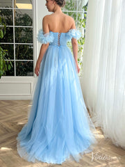 Light Blue Ruffled Prom Dresses with Slit Off the Shoulder Formal Dress TO027
