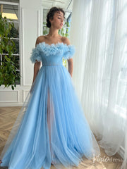 Light Blue Ruffled Prom Dresses with Slit Off the Shoulder Formal Dress TO027